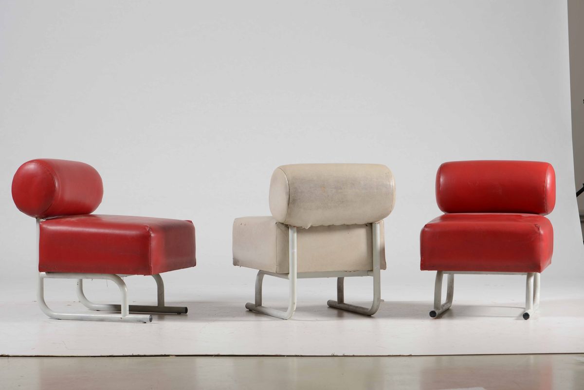 Sei Poltrone con Struttura in Tubolare Metallico Laccato, Legno e Rivestimento in Skai.
