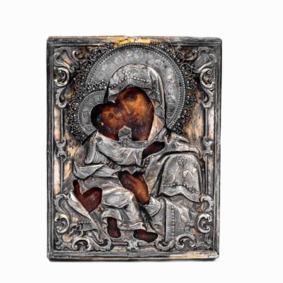 La Vergine di Vladimir Icona su Tavola, Riza in Argento Sbalzato, Traforato e Cesellato Mosca 185...