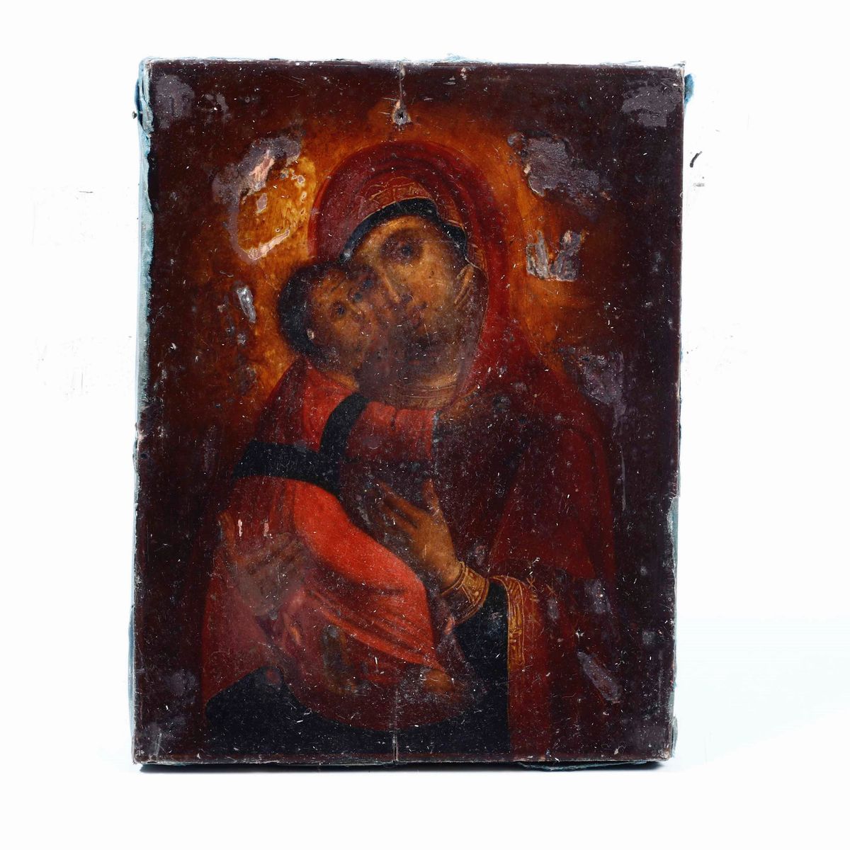 La Vergine di Vladimir Icona su Tavola, Riza in Argento Sbalzato, Traforato e Cesellato Mosca 185...