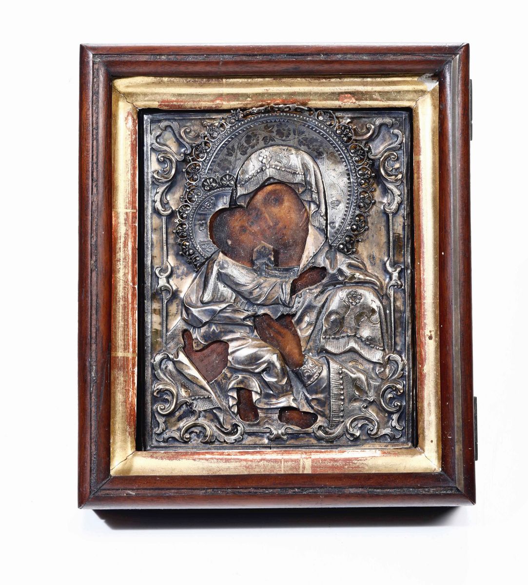 La Vergine di Vladimir Icona su Tavola, Riza in Argento Sbalzato, Traforato e Cesellato Mosca 185...