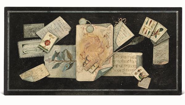 Piano in scagliola decorato da trompe l’oeil raffigurante carte da gioco, probabilmente manifattura veneziana, datato 1799