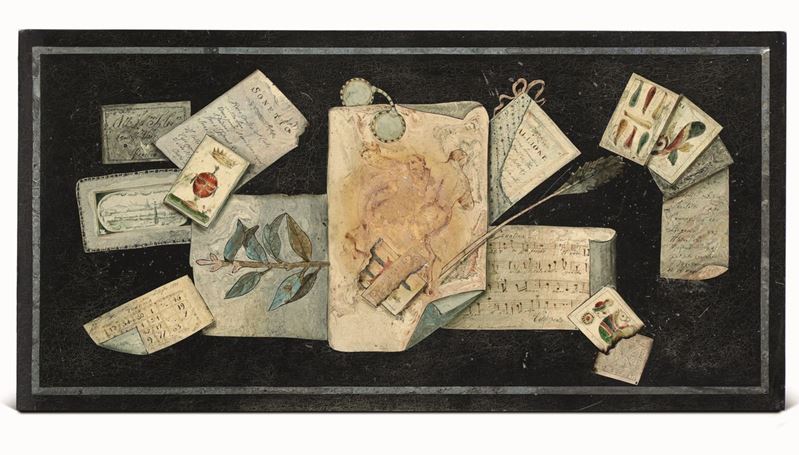Piano in scagliola decorato da trompe l’oeil raffigurante carte da gioco, probabilmente manifattura veneziana, datato 1799  - Auction Important Artworks and Furniture - Cambi Casa d'Aste