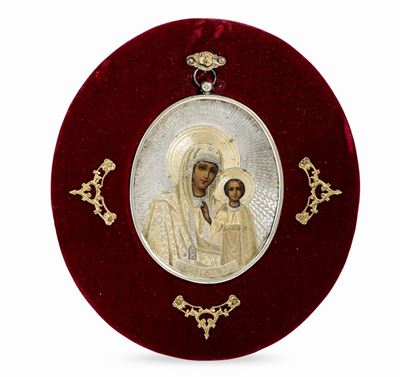 Vergine di Kazan. Icona su Rame. Riza in Argento Cesellato e Dorato. Marchio della Città di Mosca...