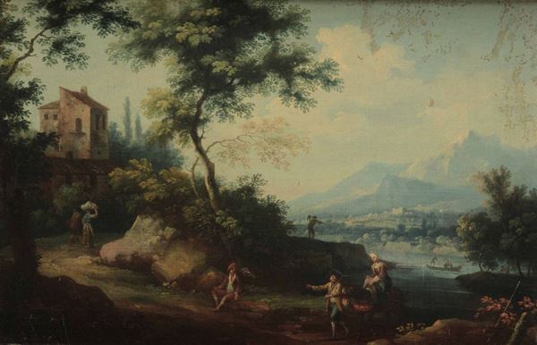 Vittorio Amedeo Cignaroli (Torino 1730-1800) Paesaggio con viandanti e contadini