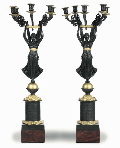 Coppia di Grandi Candelabri in Bronzo Patinato, Dorato e Cesellato. Italia XX Secolo