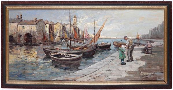 Giuseppe Solenghi (1879-1944) aesaggio con imbarcazioni e figure