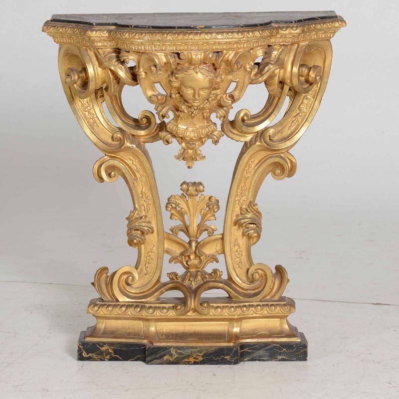 Piccola consolle Luigi XIV in legno scolpito e dorato, XVIII secolo  - Asta Opere e arredi da collezioni lombarde e altre provenienze - Cambi Casa d'Aste
