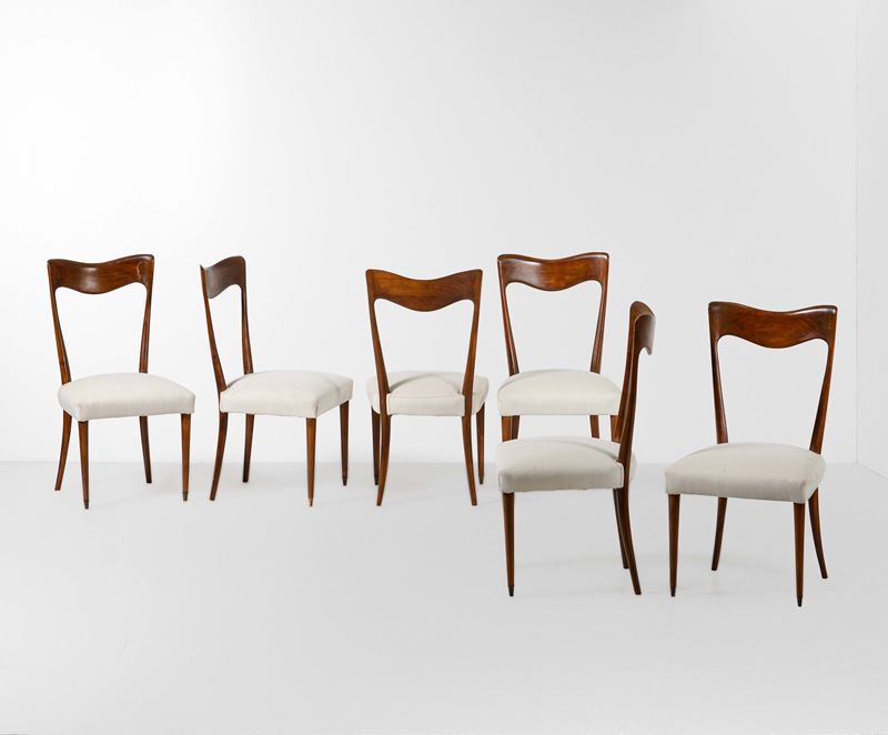 Sei sedie con struttura in legno e rivestimenti in tessuto.  - Auction Design Lab - Cambi Casa d'Aste
