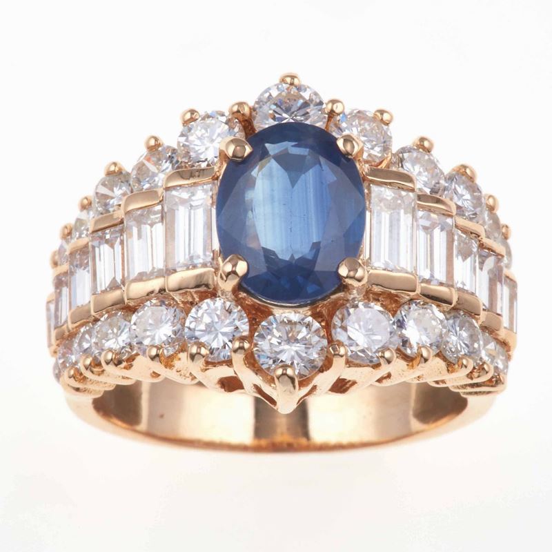 Anello con zaffiro ovale di ct 2.02 circa, con diamanti taglio brillante e baguette  - Asta Fine Jewels - III - Cambi Casa d'Aste