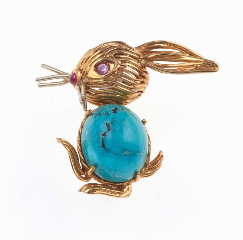 Spilla coniglio con turchese e rubino  - Auction Spring Jewels - I - Cambi Casa d'Aste