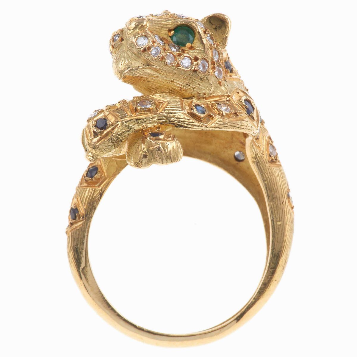 Anello Pantera con Diamanti, Zaffiri e Due Smeraldi