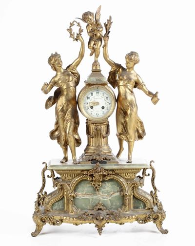 Pendola da Tavolo in Bronzo Dorato e Onice. Fratelli Lovvy. Genova, Inizio XX Secolo