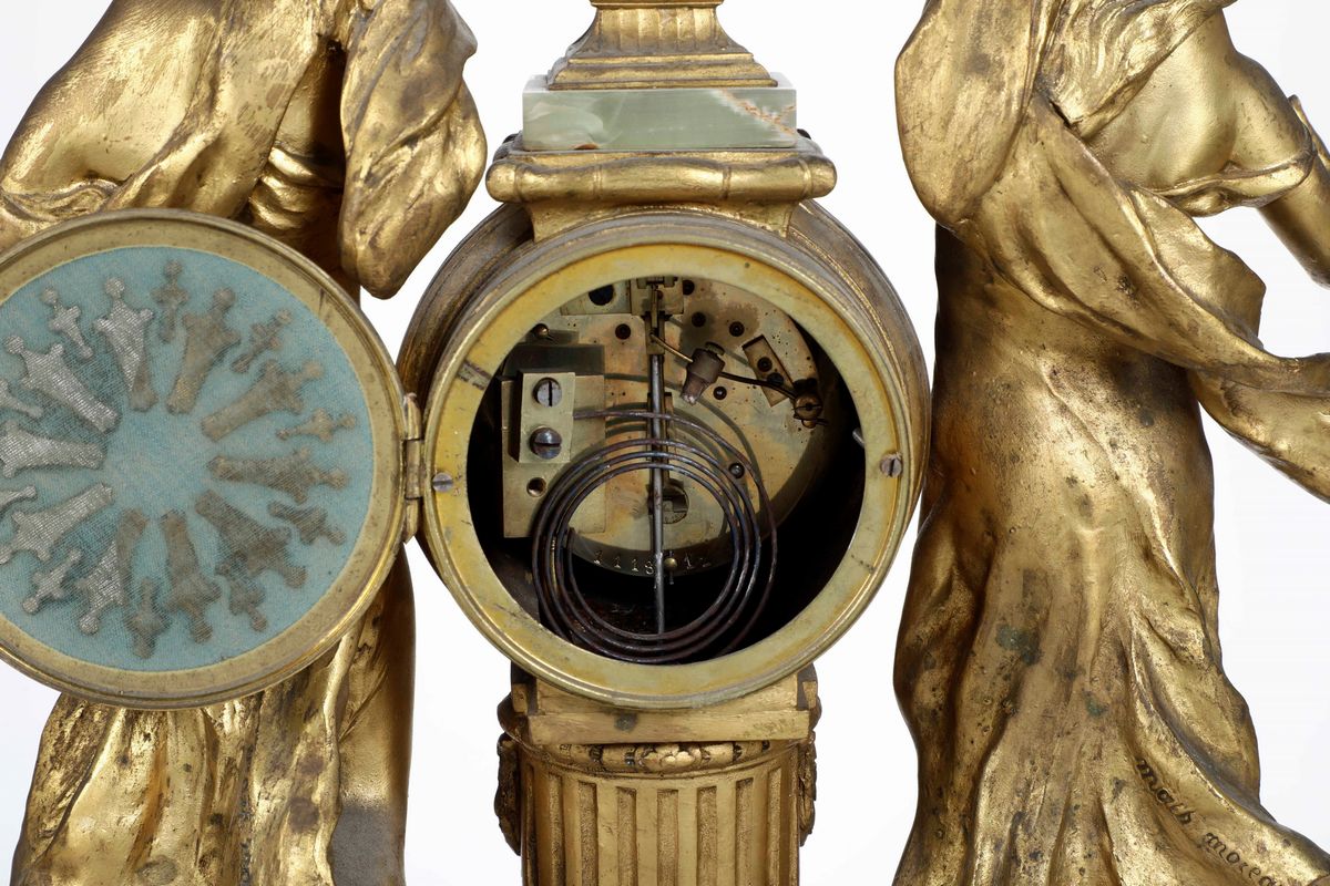Pendola da Tavolo in Bronzo Dorato e Onice. Fratelli Lovvy. Genova, Inizio XX Secolo
