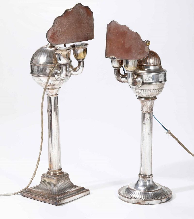 Coppia di lucerne in rame argentato. XIX-XX secolo  - Auction Silvers | Cambi Time - Cambi Casa d'Aste