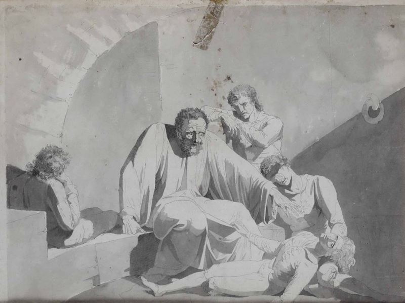 Luigi Sabatelli (Firenze 1772 - Milano 1850) Il conte Ugolino in carcere con i figli  - Asta Disegni Antichi - Cambi Casa d'Aste