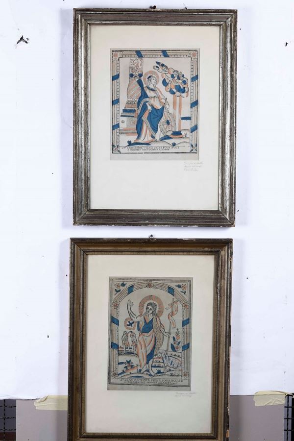 Coppia di stampe xilograiche i coloritura raffiguranti Santi