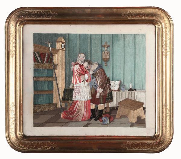 Tessuto dipinto raffigurante Cardinale che consola nobiluomo, XIX-XX secolo