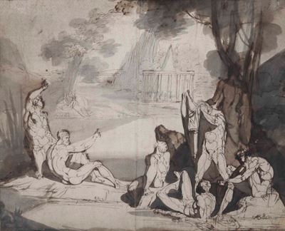 Scuola Neoclassica Italiana del XIX Secolofigure sulla Riva di un Lago