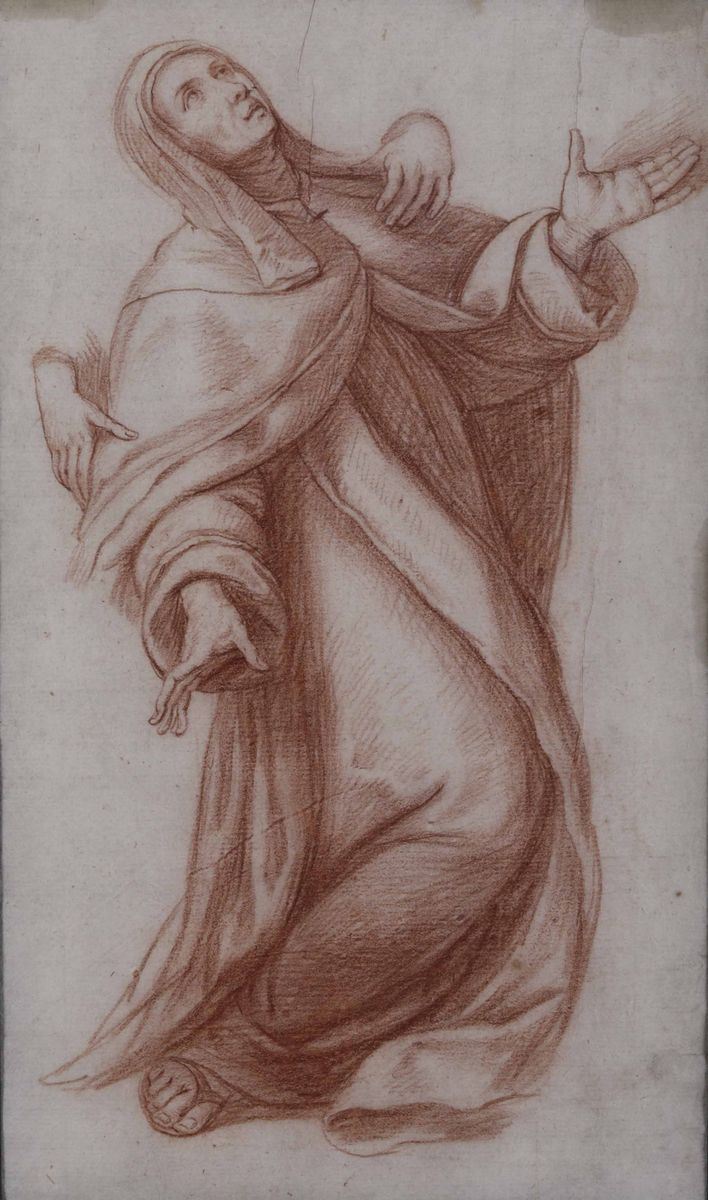 Scuola lombarda del XVII secolo Studio per la figura della Vergine durante la Deposizione  - matita rossa su carta - Auction Old Masters - I - Cambi Casa d'Aste
