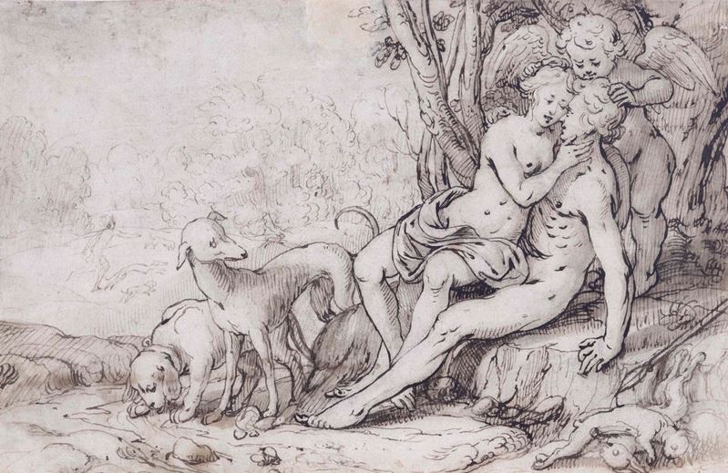 Manierista rudolfino dell'inizio del XVII secolo Venere e Adone  - Asta Disegni Antichi - Cambi Casa d'Aste