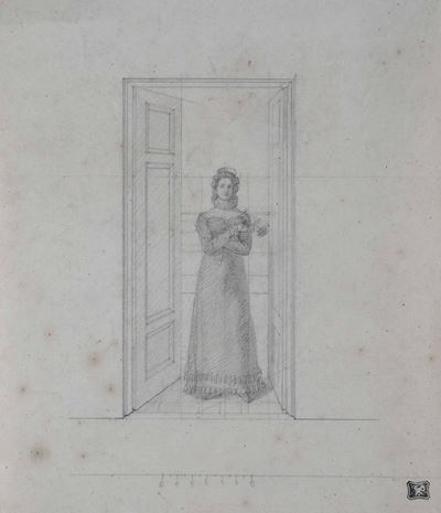 Scuola del XIX Secolo Dama Sull'uscio