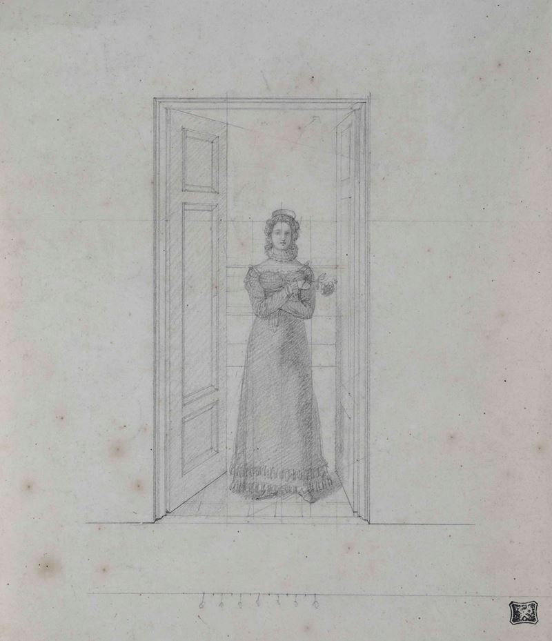 Scuola del XIX secolo Dama sull'uscio  - matita nera su carta - Auction Old Masters - I - Cambi Casa d'Aste