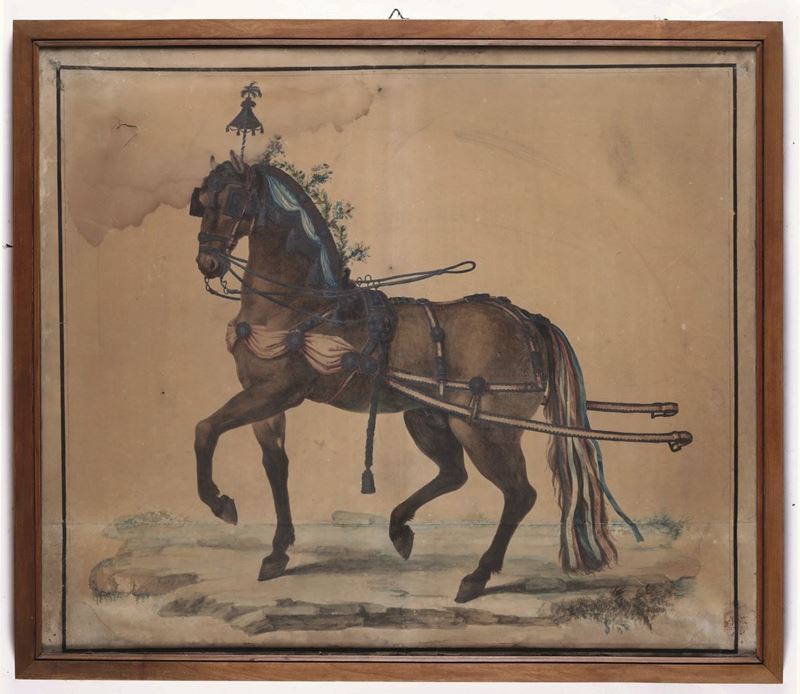 Disegno raffigurante cavallo in parata, XIX secolo  - Auction Italian Dwellings - Cambi Casa d'Aste