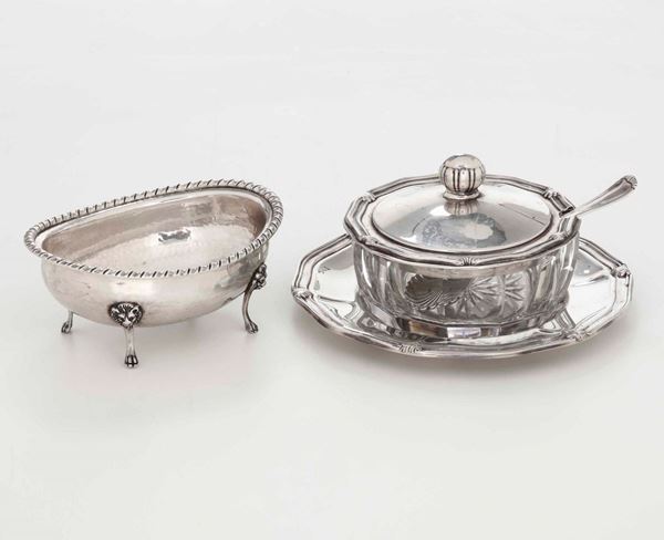 Formaggiera e zuccheriera in argento e vetro molato. Argenteria italiana del XX secolo