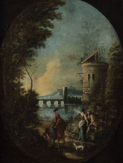 Scuola Italiana del XVIII Secolopaesaggio con Torre e Figure