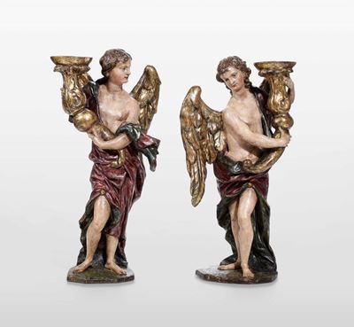 Coppia di Angeli Reggicero Legno Policromo Scultore Veneto Inizi del XVII Secolo