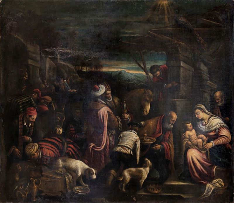 Jacopo da Ponte detto Jacopo Bassano (Bassano del Grappa, 1510-1592) Adorazione dei Magi  - Asta Importanti Dipinti Antichi - Cambi Casa d'Aste