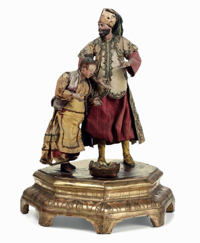 Contadina e Orientale con Cappello. Terracotta e Legno Policromo, Stoffa e Vetro Plasticatore del...