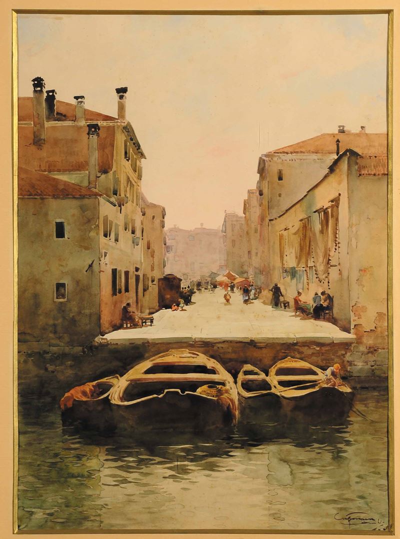 Aurelio Craffonara : Aurelio Craffonara (1875-1945) Calle e barcone a Venezia  - Auction 19th and 20th Century Paintings - Cambi Casa d'Aste