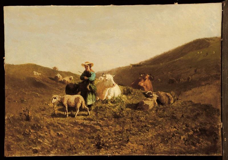 Carlo Pittara : Carlo Pittara (1835-1891) Pastorella con mucche e pecora  - Asta Dipinti del XIX e XX Secolo - Cambi Casa d'Aste