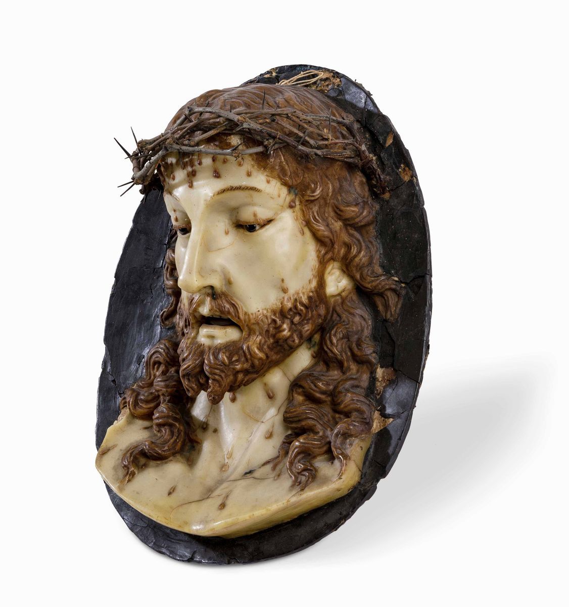 Ecce Homo Cere Policrome, Vetro e Serto Ligneo Spinato Ceroplasta Toscano Seconda Metà del XVIII ...