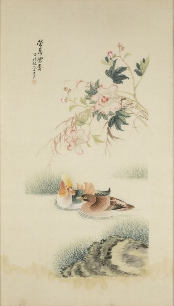 Coppia di dipinti su seta con soggetto naturalistico e iscrizione, Cina, Dinastia Qing, XIX secolo