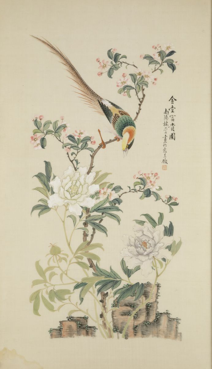 Coppia di Dipinti su Seta con Soggetto Naturalistico e Iscrizione, Cina, Dinastia Qing, XIX Secol...