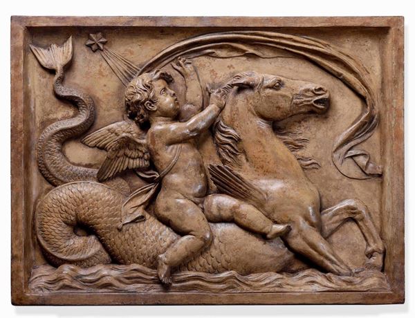 Eros che cavalca un ippocampo Rilievo in terracotta Arte italiana (Emilia) del XVII secolo