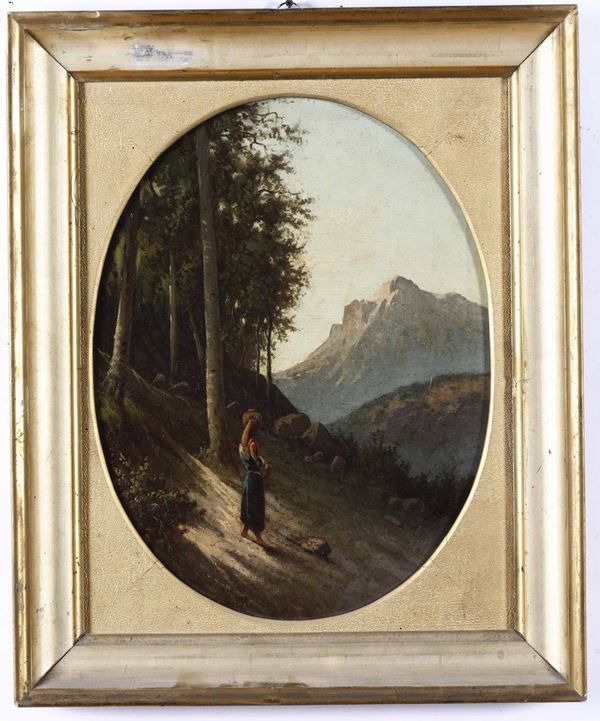 Pittore del XIX-XX secolo Paesaggio montano con figura
