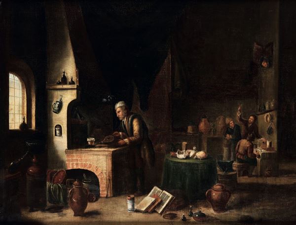 Scuola fiamminga del XVIII secolo Interno di cucina con personaggi