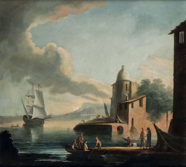 Francesco Antoniani (Milano 1700/1710 - Torino 1775), attribuito a Vedute costiere con figure e imbarcazioni