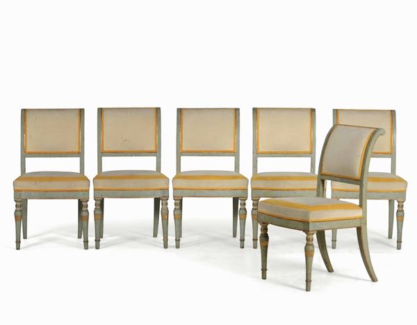 Sei sedie in legno intagliato, laccato e dorato, fine XVIII secolo