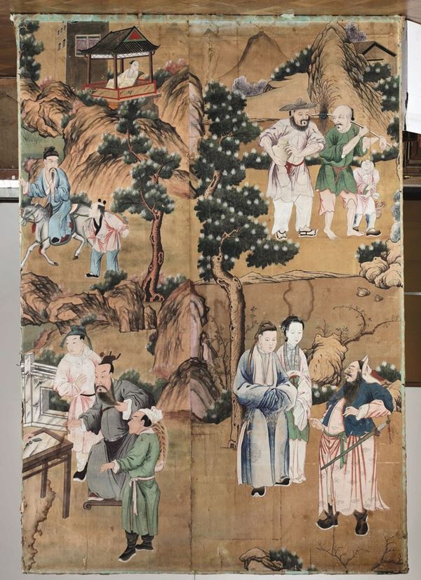 Grande pannello dipinto. Carta e acquerelli policromi. Cina dinastia Qing XVIII-XIX secolo