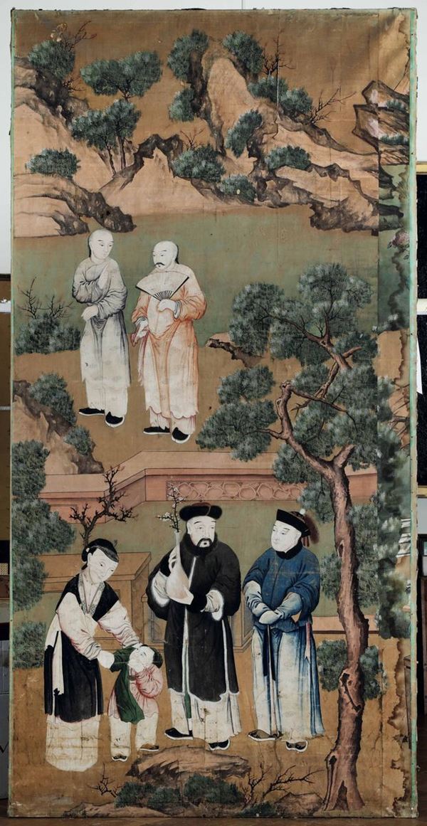 Tre grandi pannelli dipinti. Carta e acquerelli policromi. Cina dinastia Qing XVIII-XIX secolo