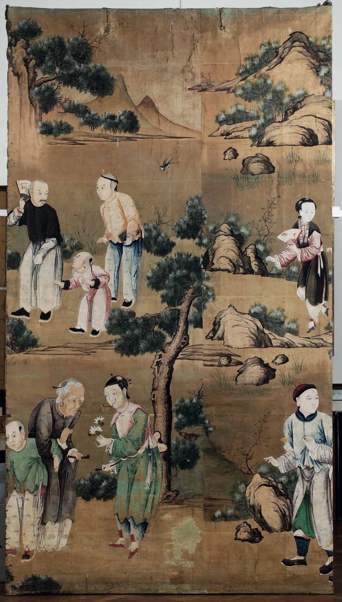 Tre Grandi Pannelli Dipinti. Carta e Acquerelli Policromi. Cina Dinastia Qing XVIII-XIX Secolo