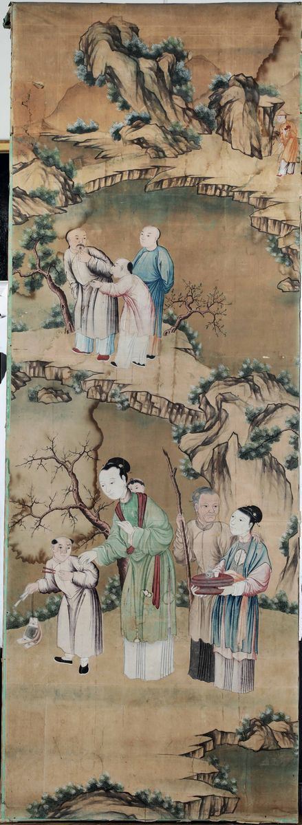 Coppia di grandi pannelli dipinti. Carta e acquerelli policromi. Cina dinastia Qing XVIII-XIX secolo