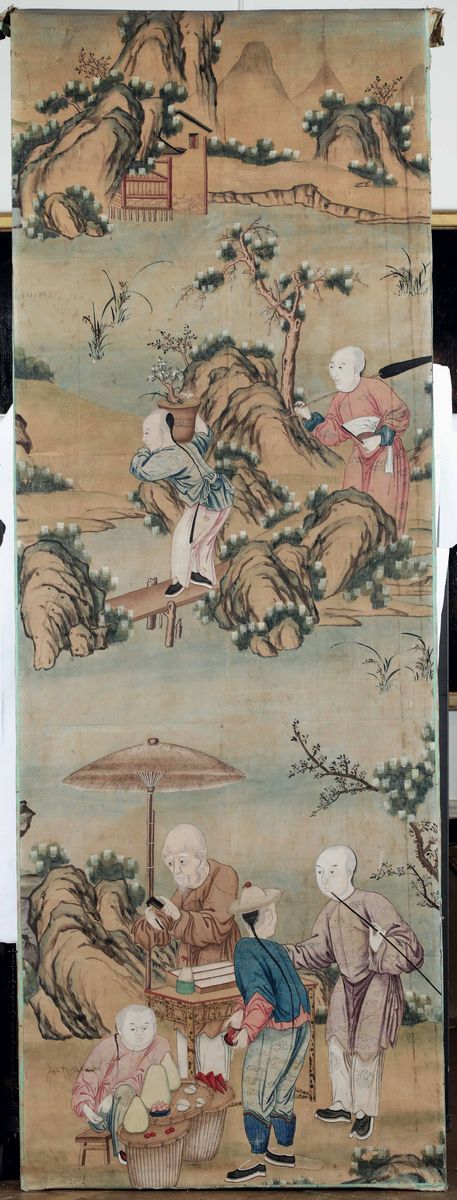 Coppia di Grandi Pannelli Dipinti. Carta e Acquerelli Policromi. Cina Dinastia Qing XVIII-XIX Sec...