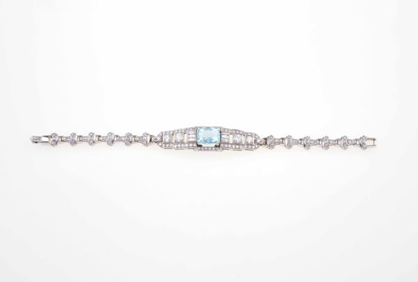 Aquamarine, diamond and platinum bracelet