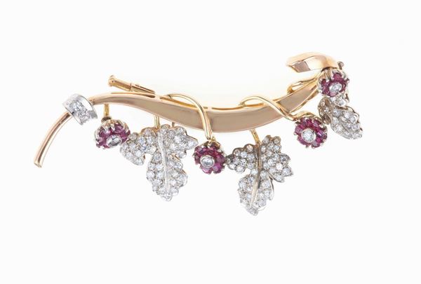 Diamond, ruby and gold brooch