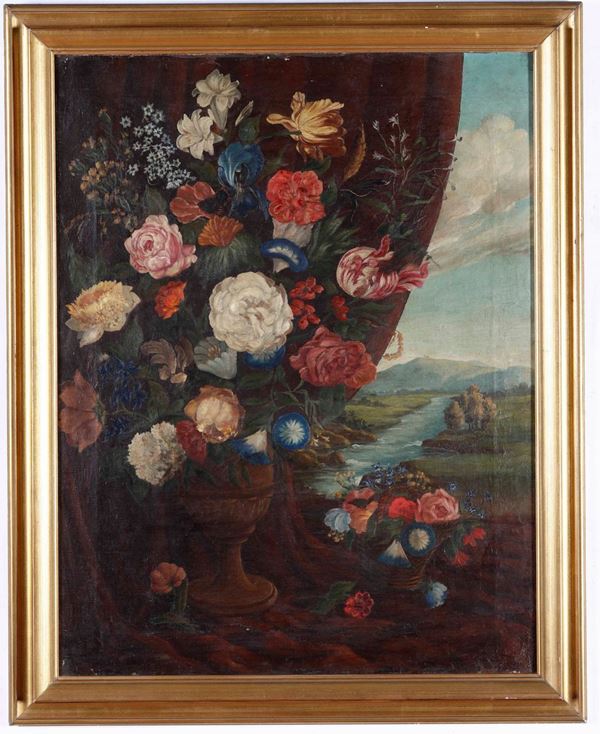 Scuola del XIX secolo Natura morta con vaso di fiori e paesaggio